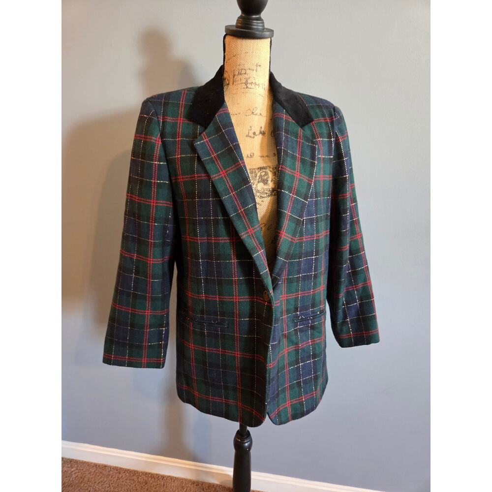 Vtg blazer sag harbor tartan plaid wool blend velvet holiday glitter green 12P